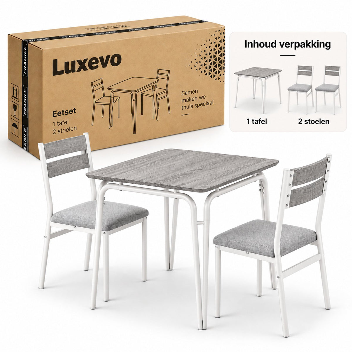 Eetkamerset voor 2 Personen – Compacte Keukentafel met 2 Stoelen – Ruimtebesparend – Wit Houtlook