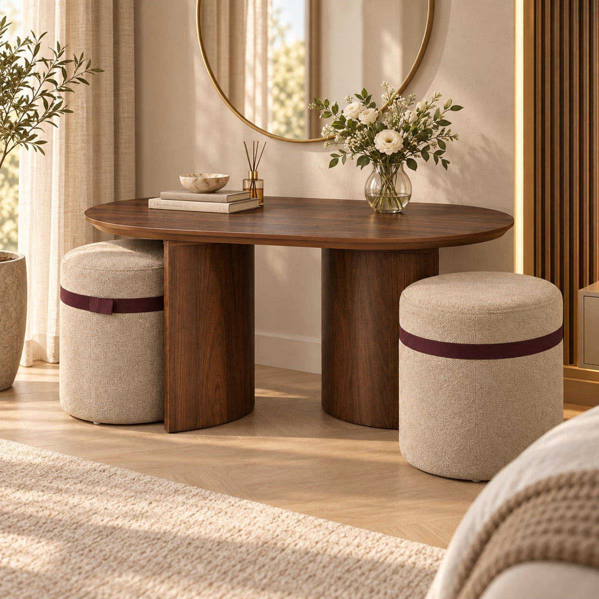 Salontafel - 108 cm - Ovaal - Inclusief 2 Gestoffeerde Poefs - Walnoot Houtlook - Space-Saving Koffietafel Set