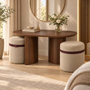 Salontafel - 108 cm - Ovaal - Inclusief 2 Gestoffeerde Poefs - Walnoot Houtlook - Space-Saving Koffietafel Set