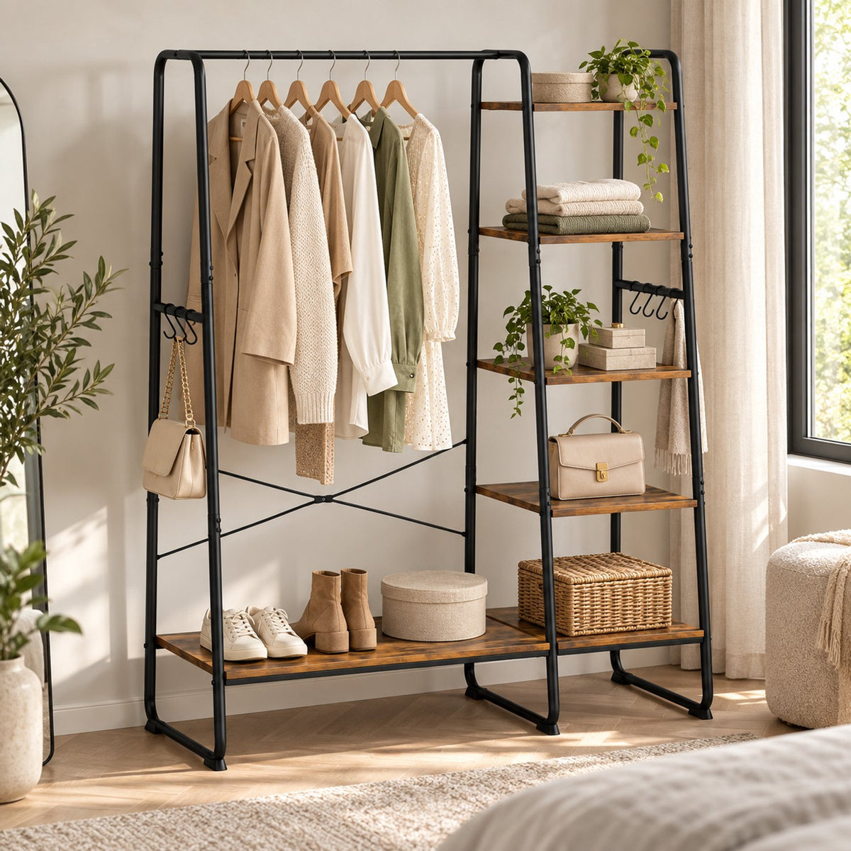 Kledingrek met Schoenenrek – Kledingstang met 5 Opbergplanken en 6 Haken – Kapstok Staand – 120 x 45 x 160 cm – Bruin/Zwart