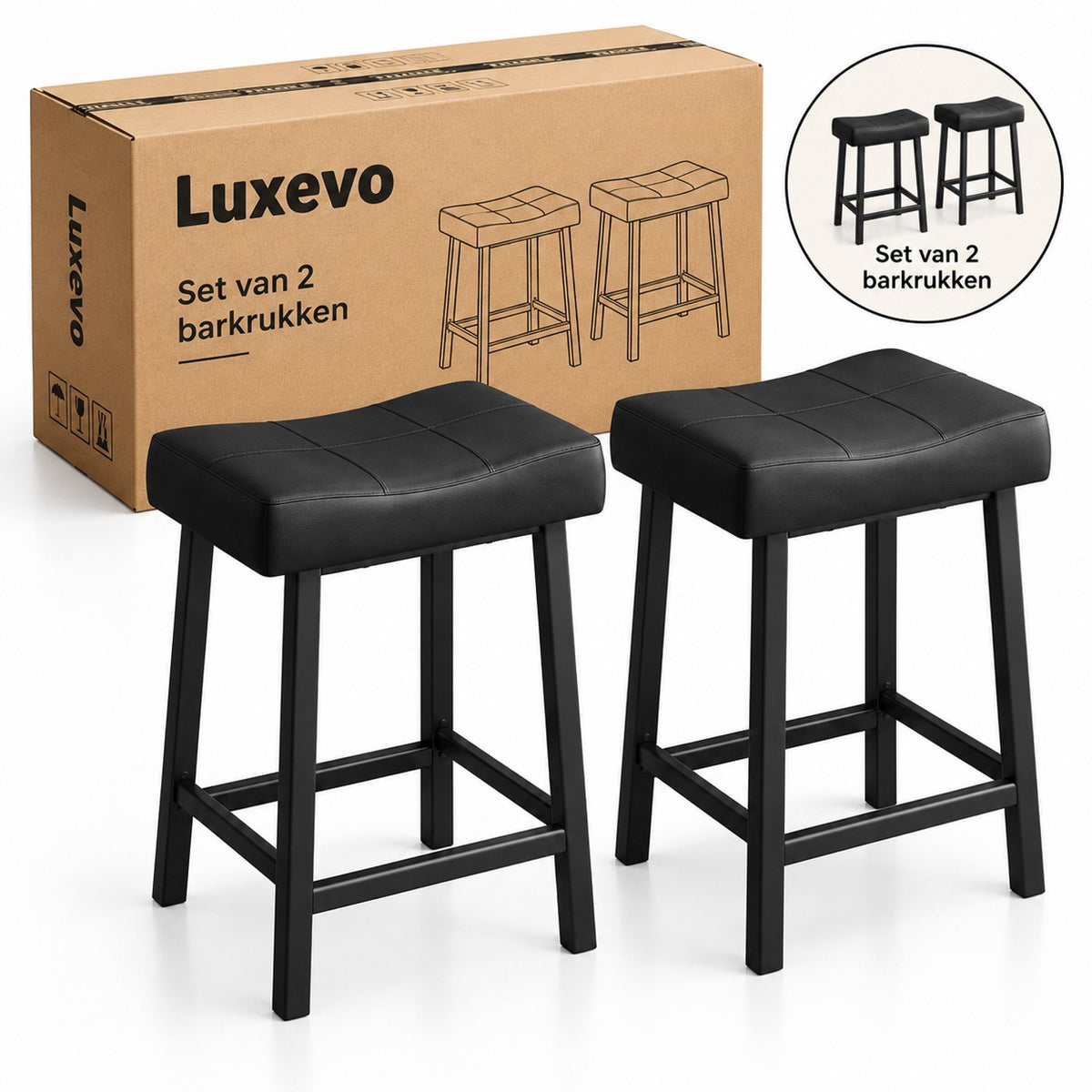 Barkrukken Set van 2 - 61 cm - Kunstleer - Met Voetensteun - Zwart