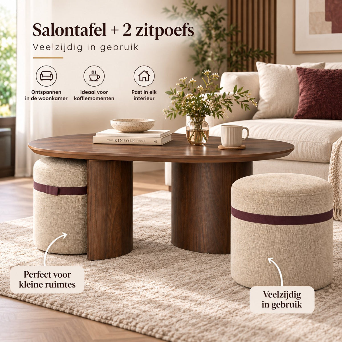 Salontafel - 108 cm - Ovaal - Inclusief 2 Gestoffeerde Poefs - Walnoot Houtlook - Space-Saving Koffietafel Set