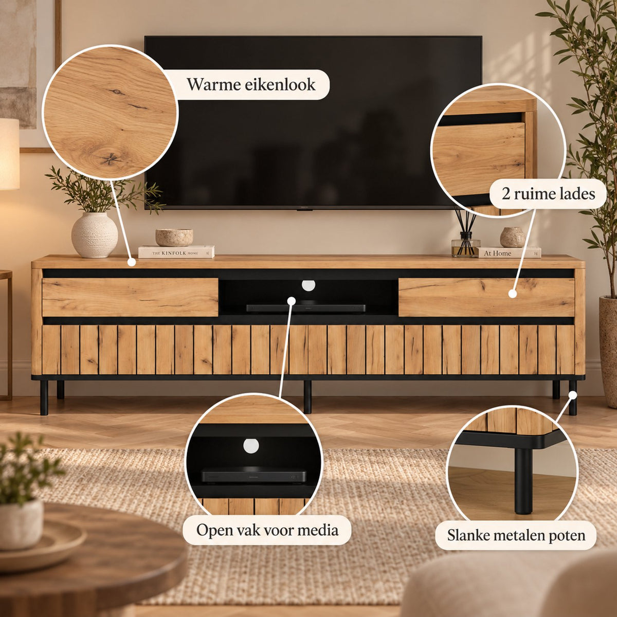 TV Meubel 180 cm – Met 2 Lades & 2 Klapdeuren – Hout & Zwart Metaal – Eiken Look