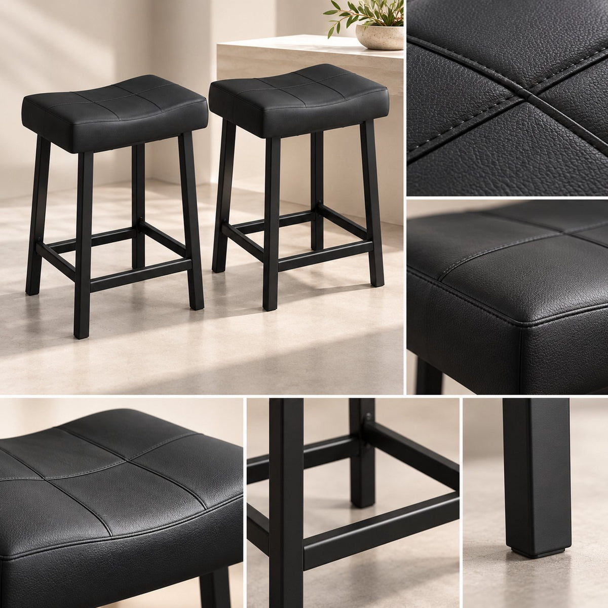 Barkrukken Set van 2 - 61 cm - Kunstleer - Met Voetensteun - Zwart