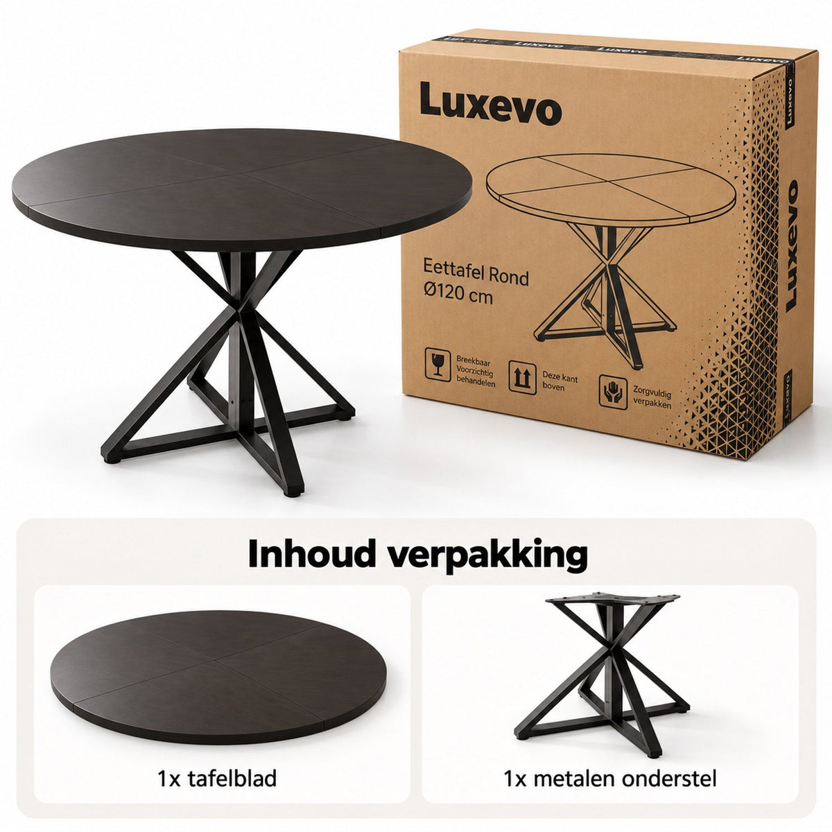 Ronde Eettafel - Ø120 cm – Donker Houtlook – Zwart Metalen Onderstel – 76 cm Hoog – Moderne Industriële Eettafel