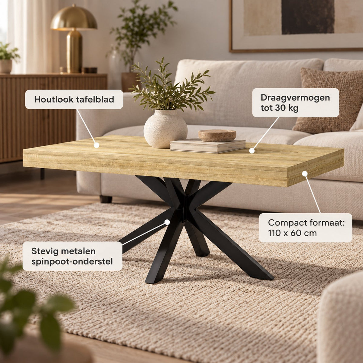 Salontafel - 110 cm - Rechthoek - Industrieel Design - Koffietafel met Zwart Kruisframe - Houtlook Tafelblad