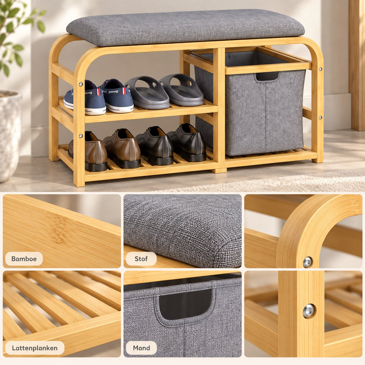 Schoenenbank - Met Zitkussen en Opbergmand - Bamboe - 2 Schoenenplanken - 70 x 30 x 45 cm - Naturel/Grijs