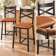 Barstoelen Set van 2 - Zithoogte 66 cm - PU Leren Zitting - Met Rugleuning en Voetsteun - Metalen Frame - Bruin