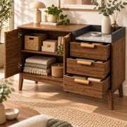 Dressoir – Opbergkast Eiken met Marmerlook Blad – 120 cm – 3 Laden & 2 Deuren – Verstelbare Planken – Massief Houten Poten – Mid-Century Sideboard