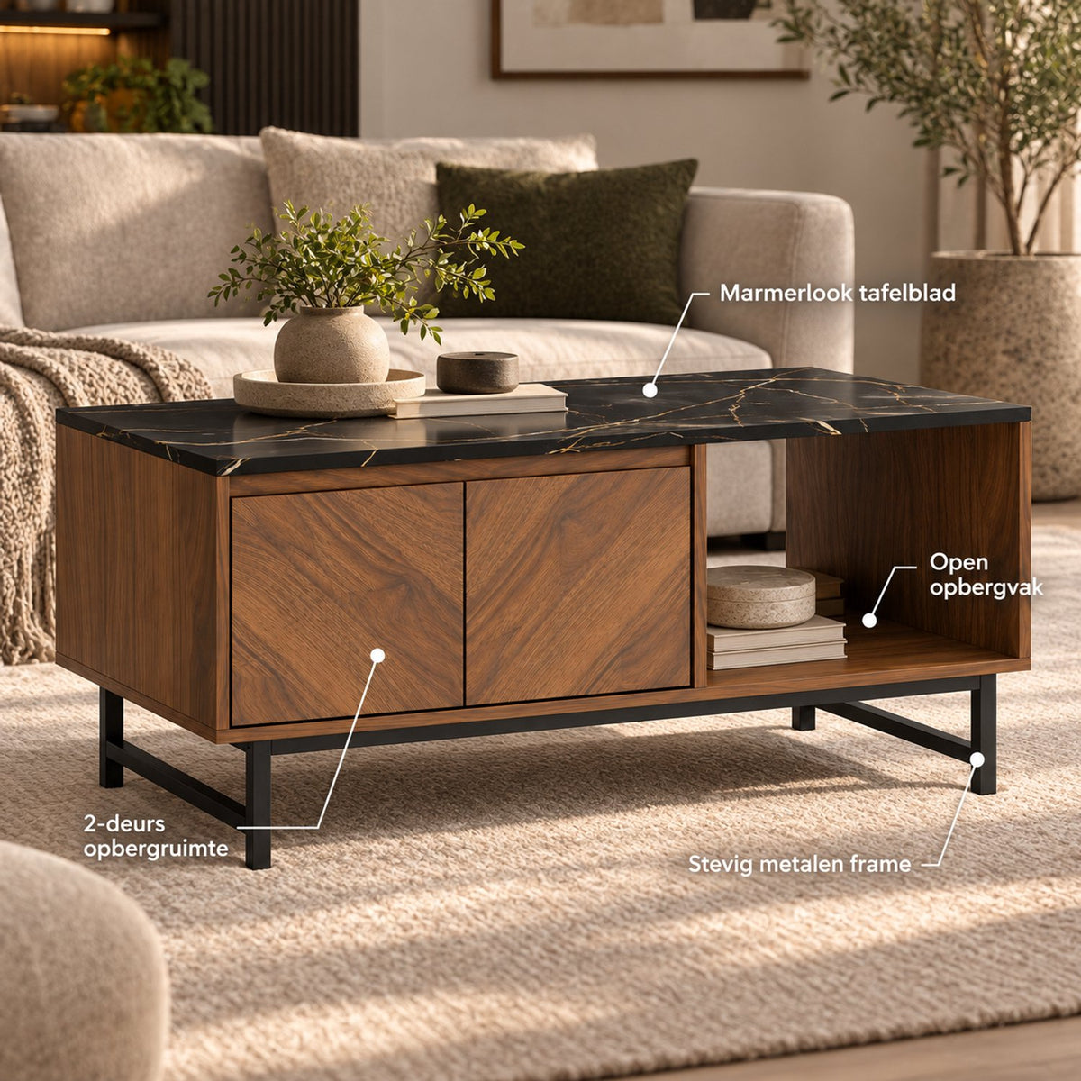 Salontafel - Woonkamertafel met Opbergruimte - 2 Deuren en Open Vak - Marmerlook & Walnoot - Metalen Frame - 100 x 45,7 cm