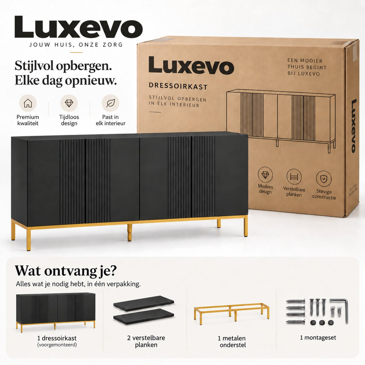 Dressoir - 4 Deuren & Verstelbare Planken – Modern Buffetkast – Dressoir Kast – 140 x 40 x 75 cm – Zwart & Goud