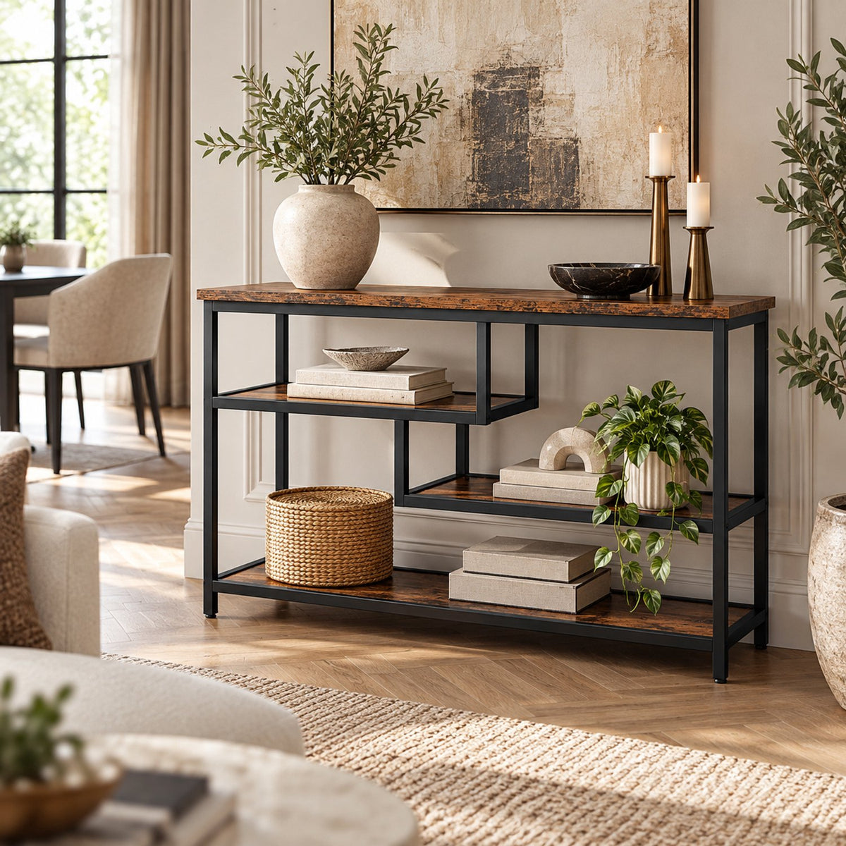 Consoletafel – Sidetable met 3 Opbergniveaus – Industrieel – Bruin/Zwart – 100 x 30 x 75 cm