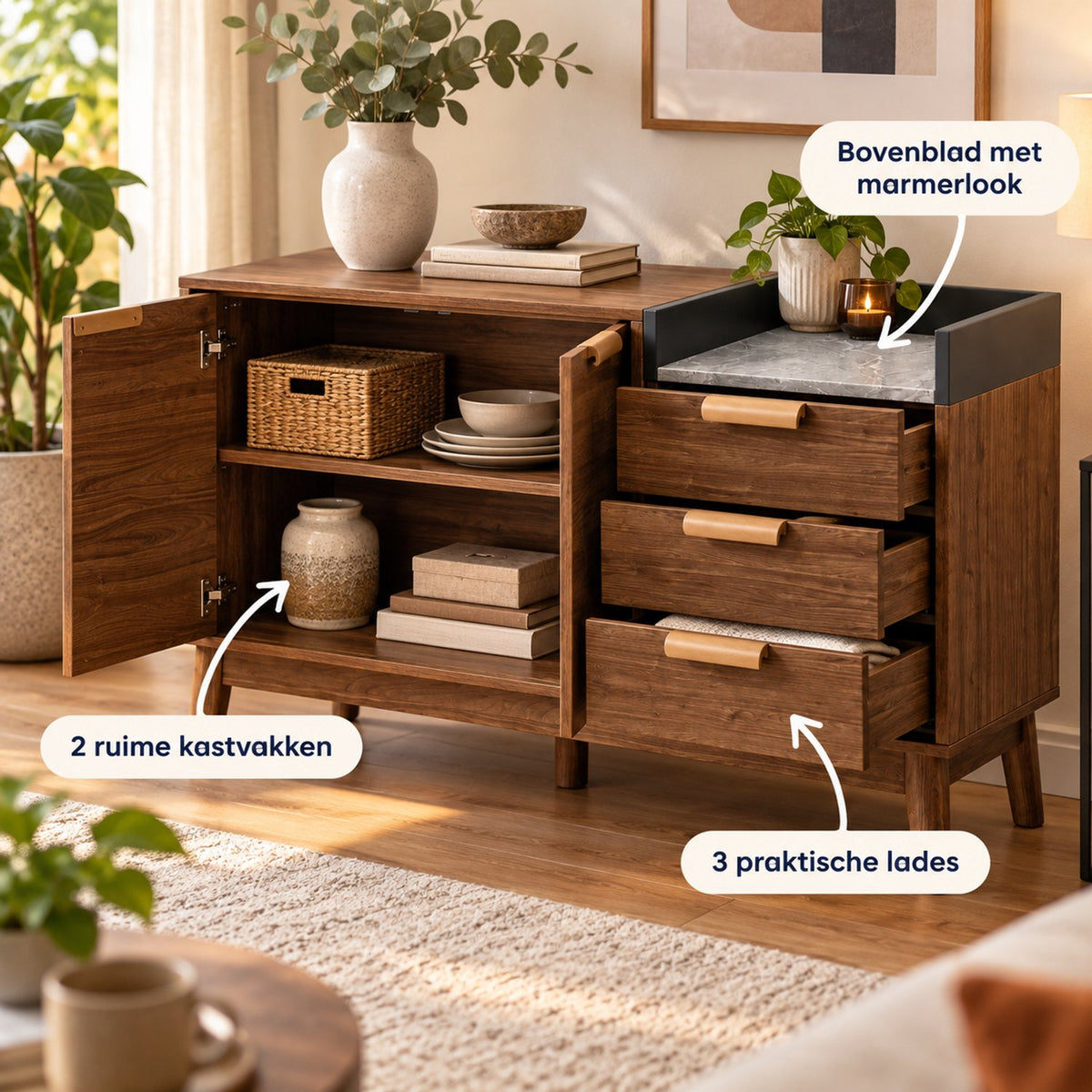 Dressoir – Opbergkast Eiken met Marmerlook Blad – 120 cm – 3 Laden & 2 Deuren – Verstelbare Planken – Massief Houten Poten – Mid-Century Sideboard
