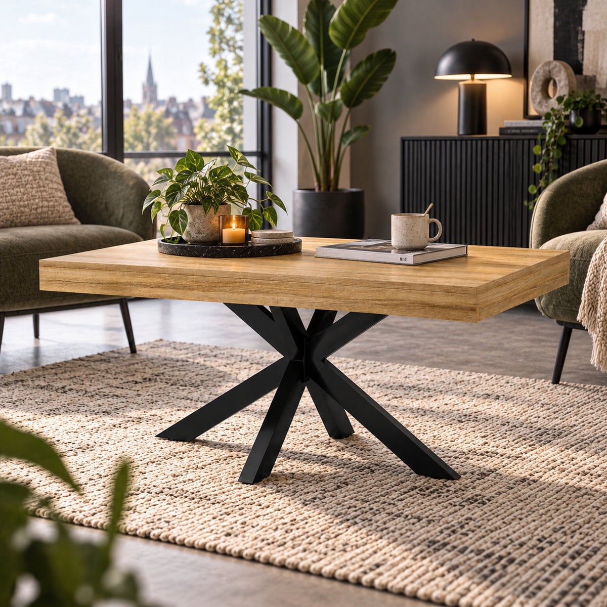 Salontafel - 110 cm - Rechthoek - Industrieel Design - Koffietafel met Zwart Kruisframe - Houtlook Tafelblad