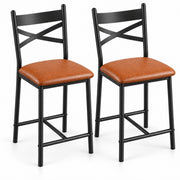 Barstoelen Set van 2 - Zithoogte 66 cm - PU Leren Zitting - Met Rugleuning en Voetsteun - Metalen Frame - Bruin