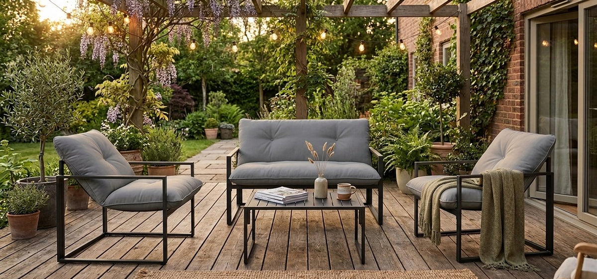 4 Delige Lounge Set – Tuinset voor 4 Personen met Salontafel & Extra Dikke Kussens - Zwart