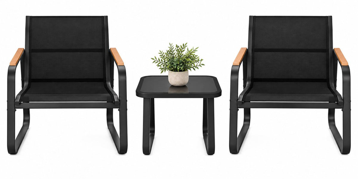 3 Delige Bistro Set – Tuinset met Glazen Tafel & Mesh Stoelen – Weerbestendige Outdoor Set voor Balkon, Tuin & Terras