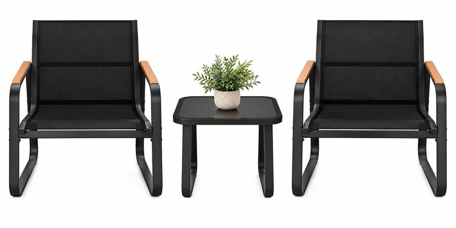 3 Delige Bistro Set – Tuinset met Glazen Tafel & Mesh Stoelen – Weerbestendige Outdoor Set voor Balkon, Tuin & Terras