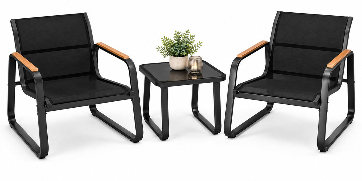 3 Delige Bistro Set – Tuinset met Glazen Tafel & Mesh Stoelen – Weerbestendige Outdoor Set voor Balkon, Tuin & Terras