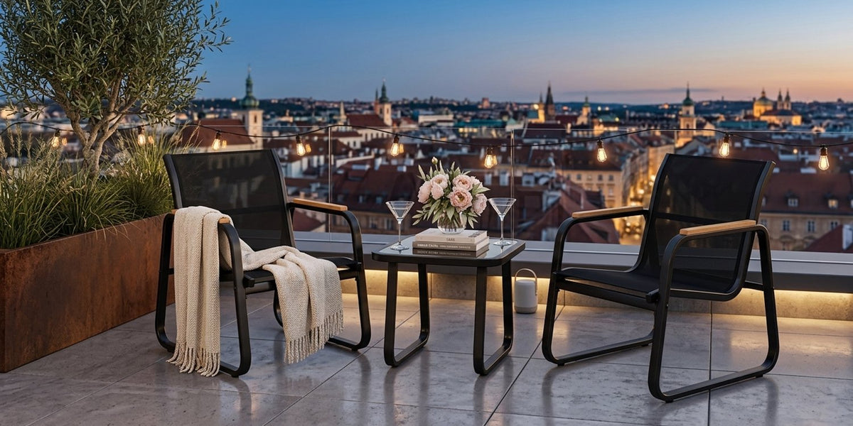 3 Delige Bistro Set – Tuinset met Glazen Tafel & Mesh Stoelen – Weerbestendige Outdoor Set voor Balkon, Tuin & Terras
