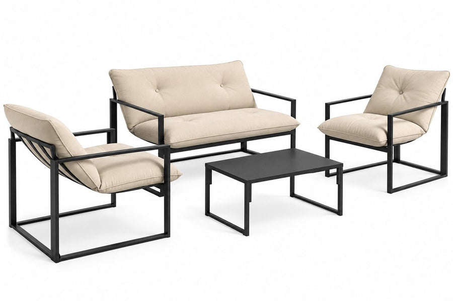 4 Delige Lounge Set – Tuinset voor 4 Personen met Salontafel & Extra Dikke Kussens - Beige