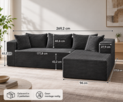 Modulaire L-vormige Hoekbank – Zachte Corduroy Stof – Diepe Zitting – Grijs – 269 cm