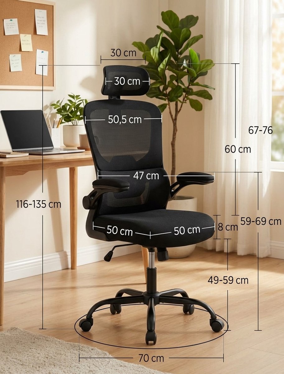 Ergonomische Bureaustoel – Mesh Kantoorstoel – Verstelbare Hoofdsteun – Lendensteun – Zwart