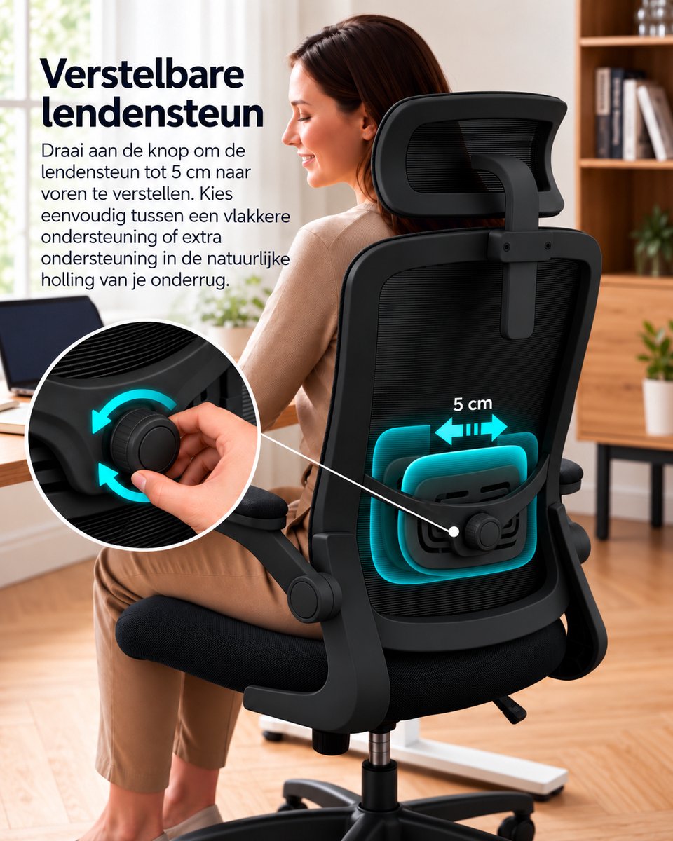 Ergonomische Bureaustoel – Mesh Kantoorstoel – Verstelbare Hoofdsteun – Lendensteun – Zwart