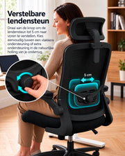 Ergonomische Bureaustoel – Mesh Kantoorstoel – Verstelbare Hoofdsteun – Lendensteun – Zwart