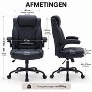 Executive Bureaustoel – Ergonomische Kantoorstoel – PU Leer – Opklapbare Armleuningen – Kantelfunctie – Lendensteun – Tot 159 kg – Zwart