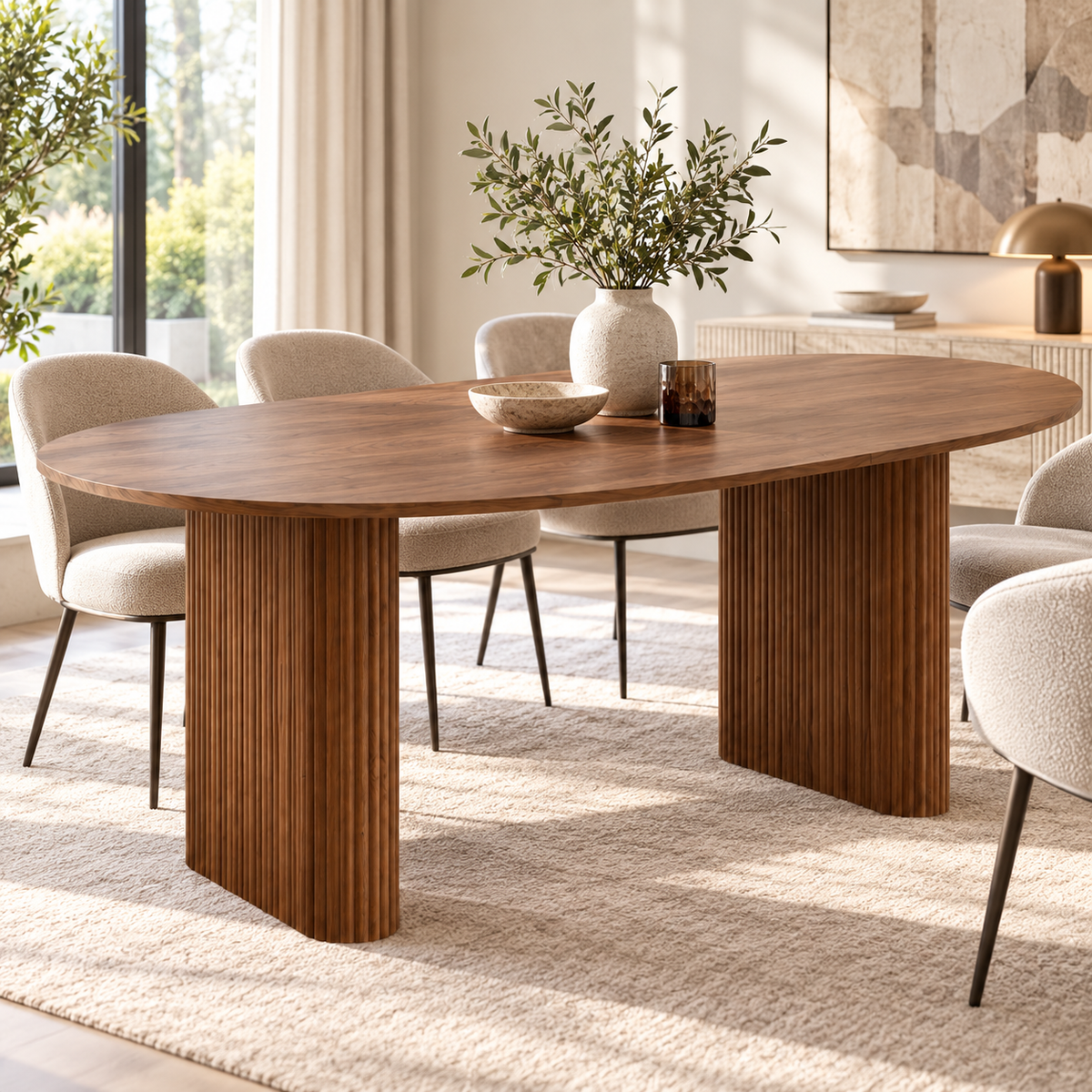 Ovale Eettafel 180 × 90 cm – Donkerbruin Houtlook – Geribbelde Poten – MDF – Scandinavisch Design – Eettafel voor 6 tot 8 Personen