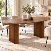 Ovale Eettafel 180 × 90 cm – Donkerbruin Houtlook – Geribbelde Poten – MDF – Scandinavisch Design – Eettafel voor 6 tot 8 Personen