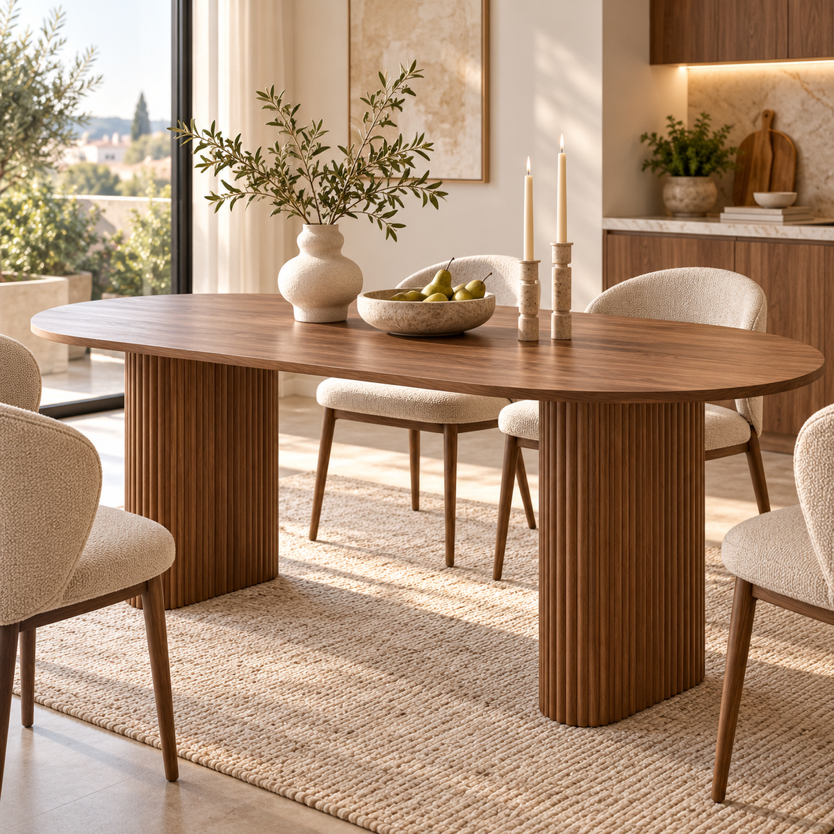 Ovale Eettafel 180 × 90 cm – Donkerbruin Houtlook – Geribbelde Poten – MDF – Scandinavisch Design – Eettafel voor 6 tot 8 Personen