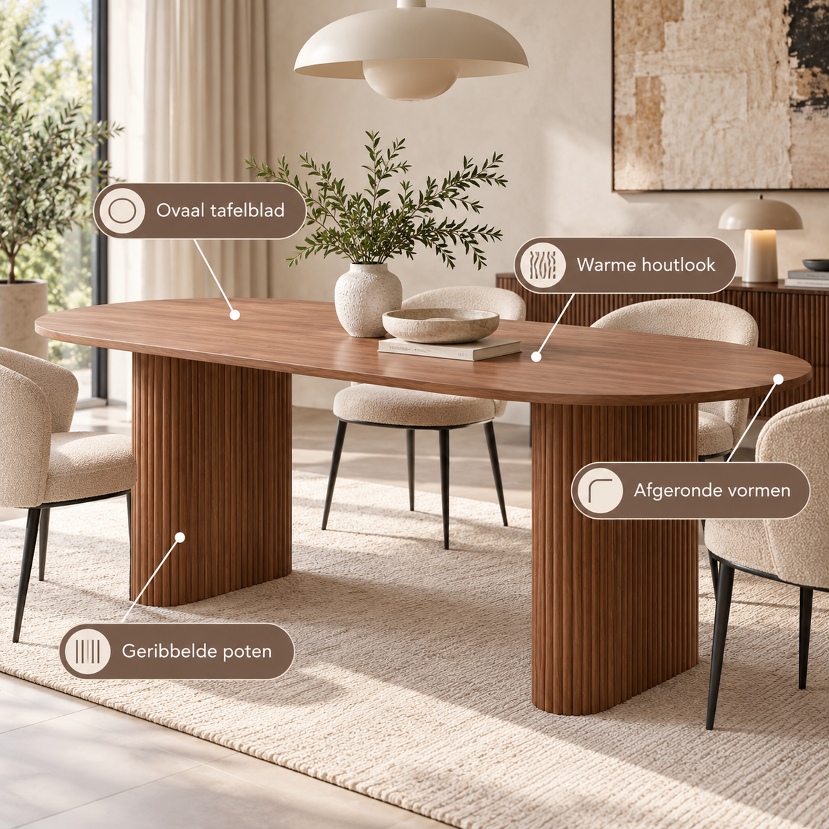 Ovale Eettafel 180 × 90 cm – Donkerbruin Houtlook – Geribbelde Poten – MDF – Scandinavisch Design – Eettafel voor 6 tot 8 Personen