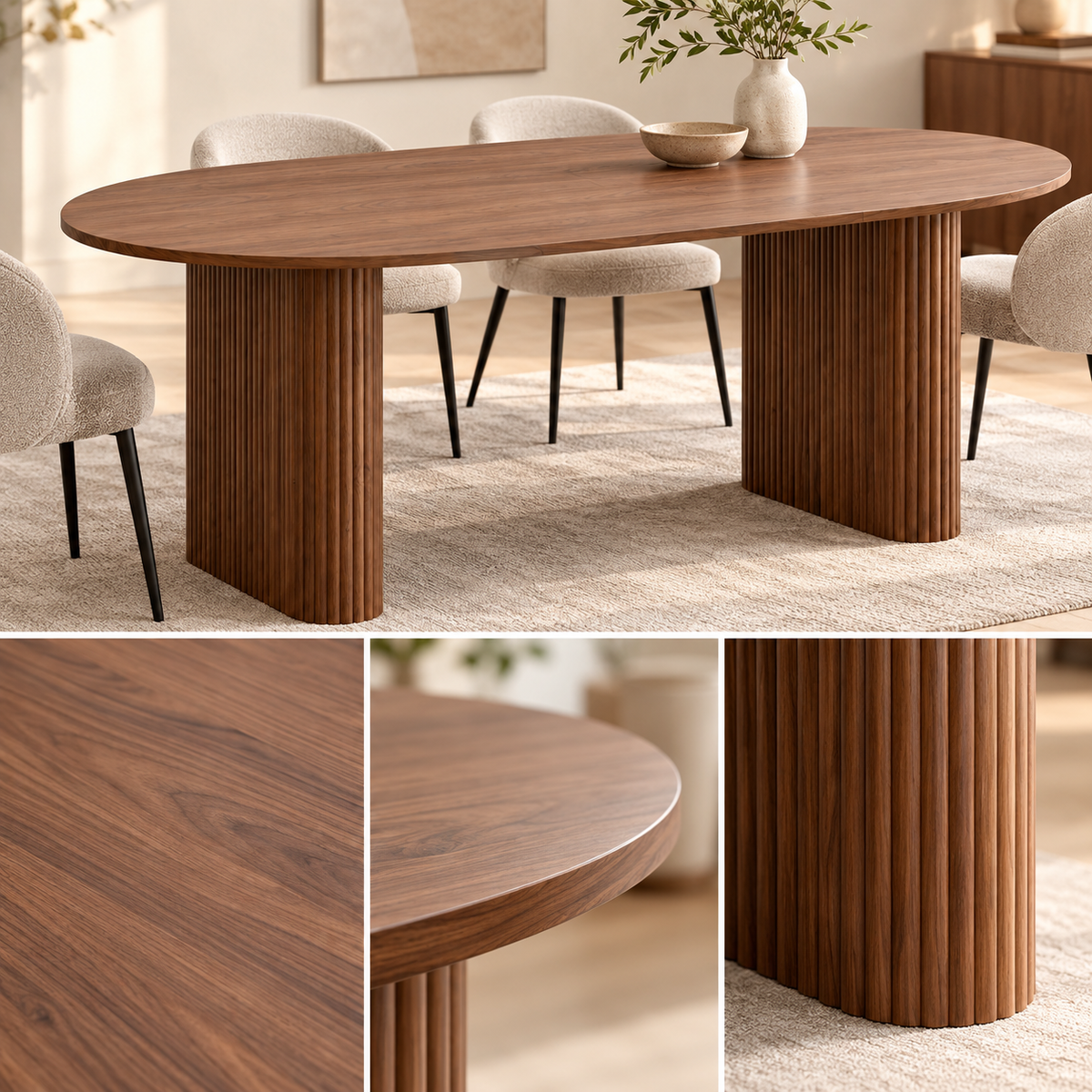 Ovale Eettafel 180 × 90 cm – Donkerbruin Houtlook – Geribbelde Poten – MDF – Scandinavisch Design – Eettafel voor 6 tot 8 Personen