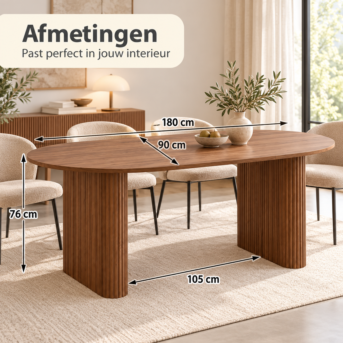 Ovale Eettafel 180 × 90 cm – Donkerbruin Houtlook – Geribbelde Poten – MDF – Scandinavisch Design – Eettafel voor 6 tot 8 Personen