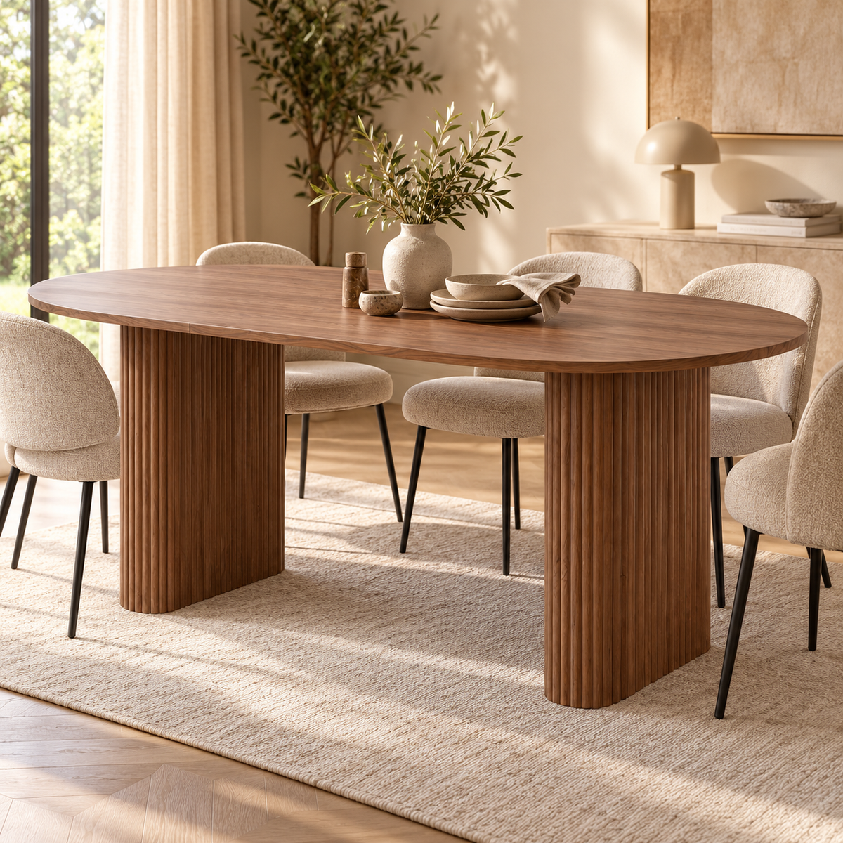 Ovale Eettafel 180 × 90 cm – Donkerbruin Houtlook – Geribbelde Poten – MDF – Scandinavisch Design – Eettafel voor 6 tot 8 Personen
