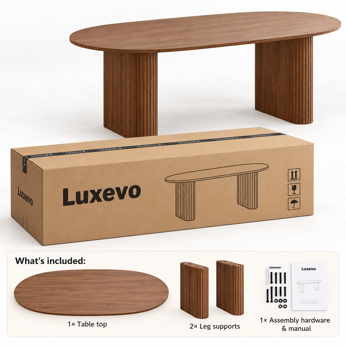 Ovale Eettafel 180 × 90 cm – Donkerbruin Houtlook – Geribbelde Poten – MDF – Scandinavisch Design – Eettafel voor 6 tot 8 Personen