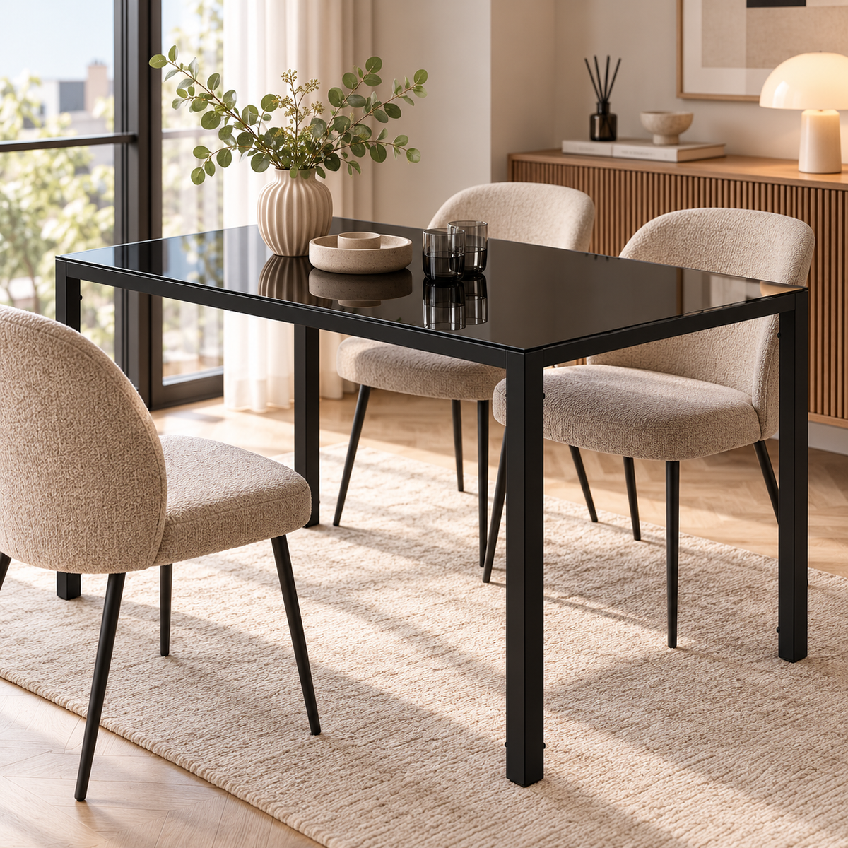 Eettafel Zwart – 120 x 60 x 75 cm – Gehard Glazen Tafelblad 6 mm – Metalen Frame – Keukentafel voor 4 Personen