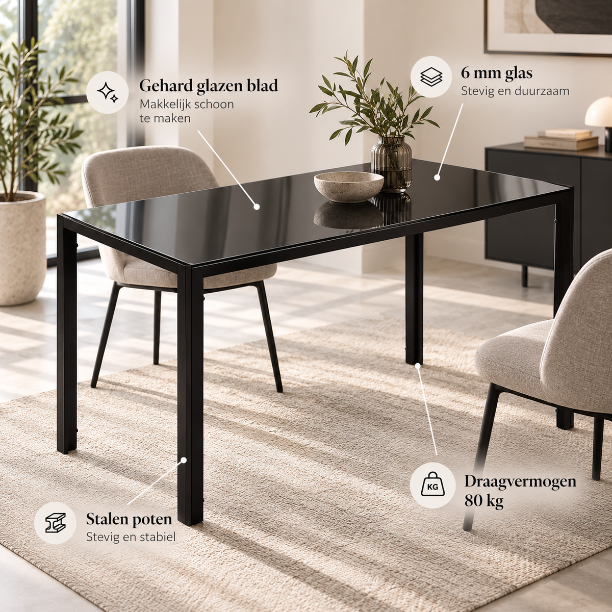 Eettafel Zwart – 120 x 60 x 75 cm – Gehard Glazen Tafelblad 6 mm – Metalen Frame – Keukentafel voor 4 Personen
