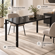 Eettafel Zwart – 120 x 60 x 75 cm – Gehard Glazen Tafelblad 6 mm – Metalen Frame – Keukentafel voor 4 Personen