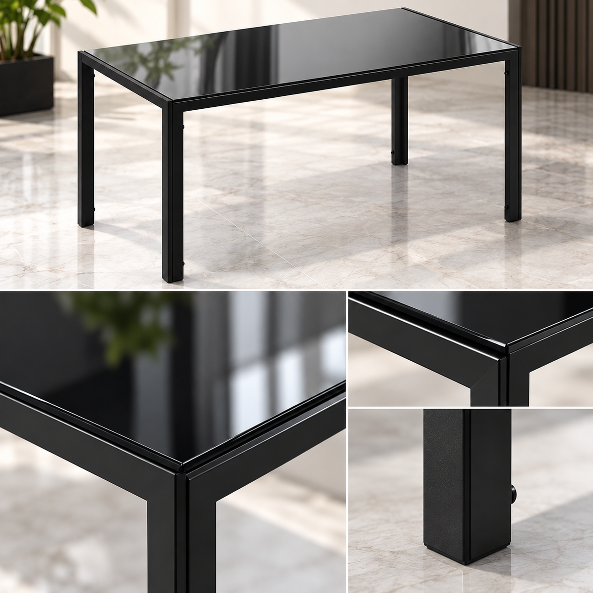 Eettafel Zwart – 120 x 60 x 75 cm – Gehard Glazen Tafelblad 6 mm – Metalen Frame – Keukentafel voor 4 Personen