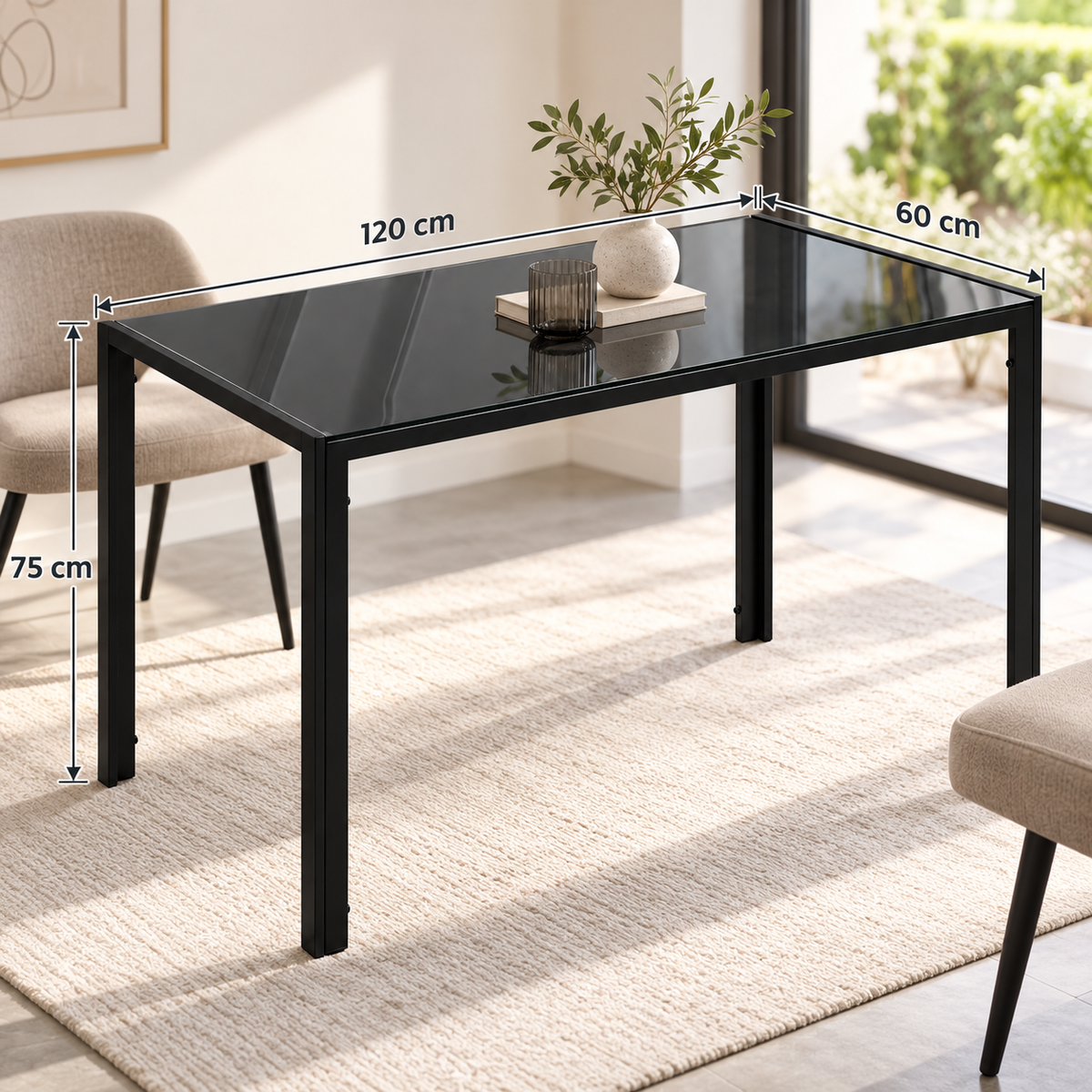 Eettafel Zwart – 120 x 60 x 75 cm – Gehard Glazen Tafelblad 6 mm – Metalen Frame – Keukentafel voor 4 Personen