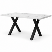 Rechthoekige Eettafel 140 x 80 x 76 cm – Marmerlook MDF Tafelblad – Zwarte Metalen X-Poten – Wit/Zwart
