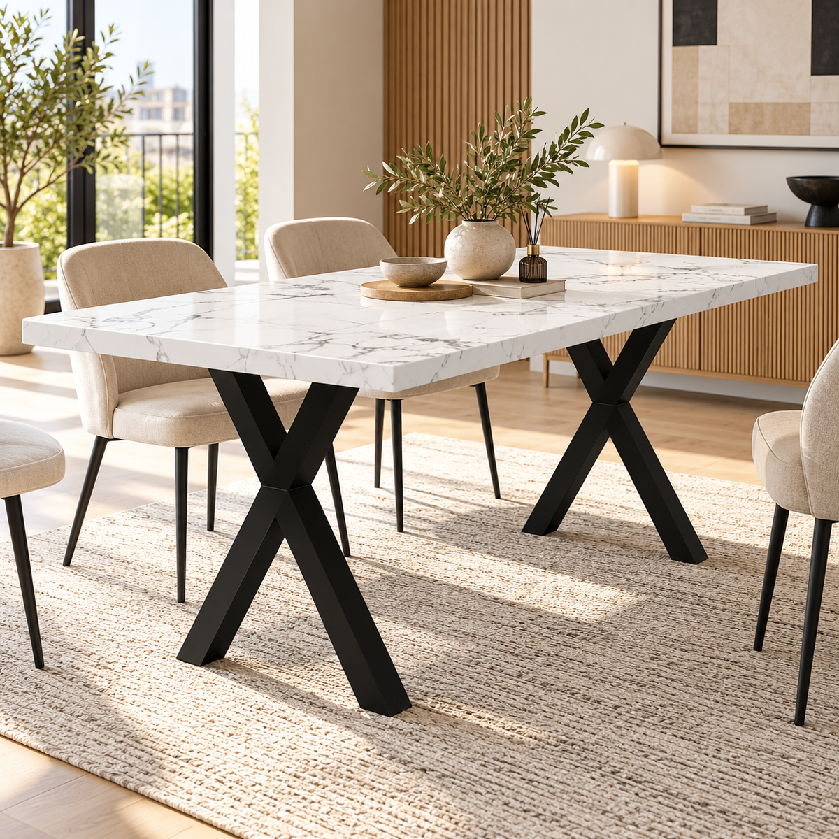 Rechthoekige Eettafel 140 x 80 x 76 cm – Marmerlook MDF Tafelblad – Zwarte Metalen X-Poten – Wit/Zwart