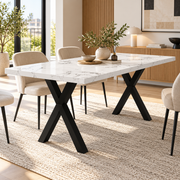 Rechthoekige Eettafel 140 x 80 x 76 cm – Marmerlook MDF Tafelblad – Zwarte Metalen X-Poten – Wit/Zwart
