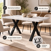 Rechthoekige Eettafel 140 x 80 x 76 cm – Marmerlook MDF Tafelblad – Zwarte Metalen X-Poten – Wit/Zwart