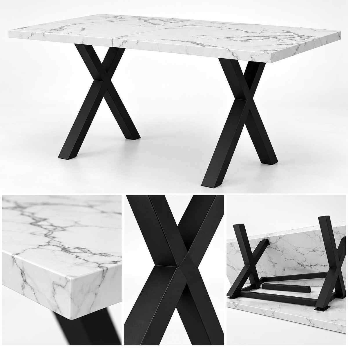 Rechthoekige Eettafel 140 x 80 x 76 cm – Marmerlook MDF Tafelblad – Zwarte Metalen X-Poten – Wit/Zwart