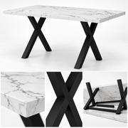 Rechthoekige Eettafel 140 x 80 x 76 cm – Marmerlook MDF Tafelblad – Zwarte Metalen X-Poten – Wit/Zwart