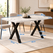 Rechthoekige Eettafel 140 x 80 x 76 cm – Marmerlook MDF Tafelblad – Zwarte Metalen X-Poten – Wit/Zwart